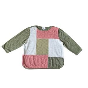 Alfred Dunner Sweater Womens 1X Green-Coral Cotton Blend Patchwork Cottage Boho
